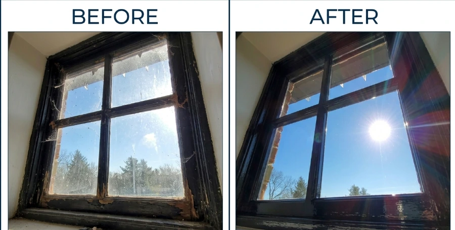 Dirty window before and after cleaning