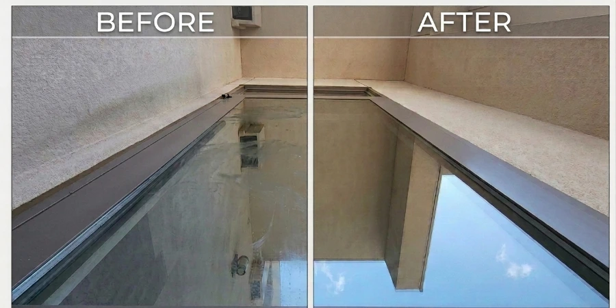 Indoor window before and after cleaning