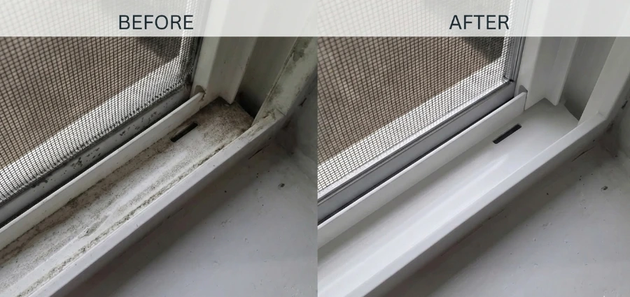 Window frame before and after cleaning